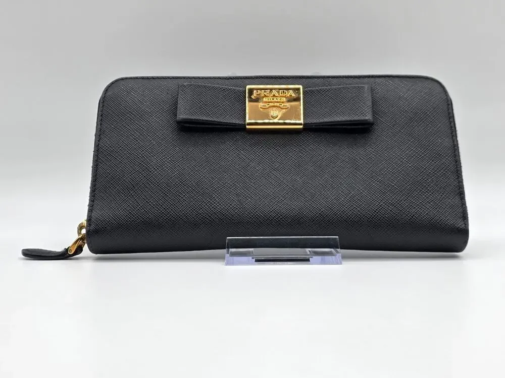 Prada Saffiano Fiocco Bow Zip Around Wallet Black Leather Gold Logo Italy